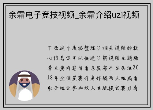 余霜电子竞技视频_余霜介绍uzi视频