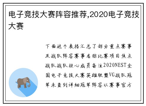 电子竞技大赛阵容推荐,2020电子竞技大赛